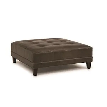 Leather Cocktail Ottoman with Tufted Top and Tapered Wood Legs